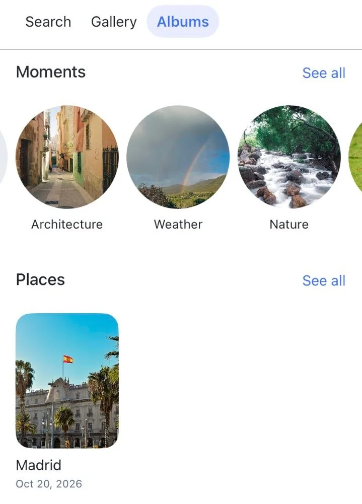 Albums tab with Moments such as Architecture, Weather and Nature, and a Places album