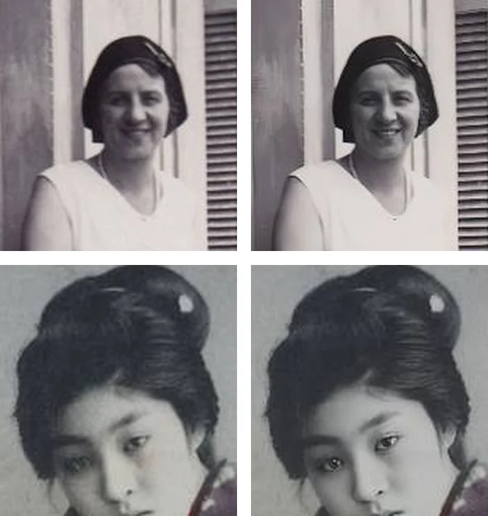 Close-up of two faces from old photos before and after AI Remaster