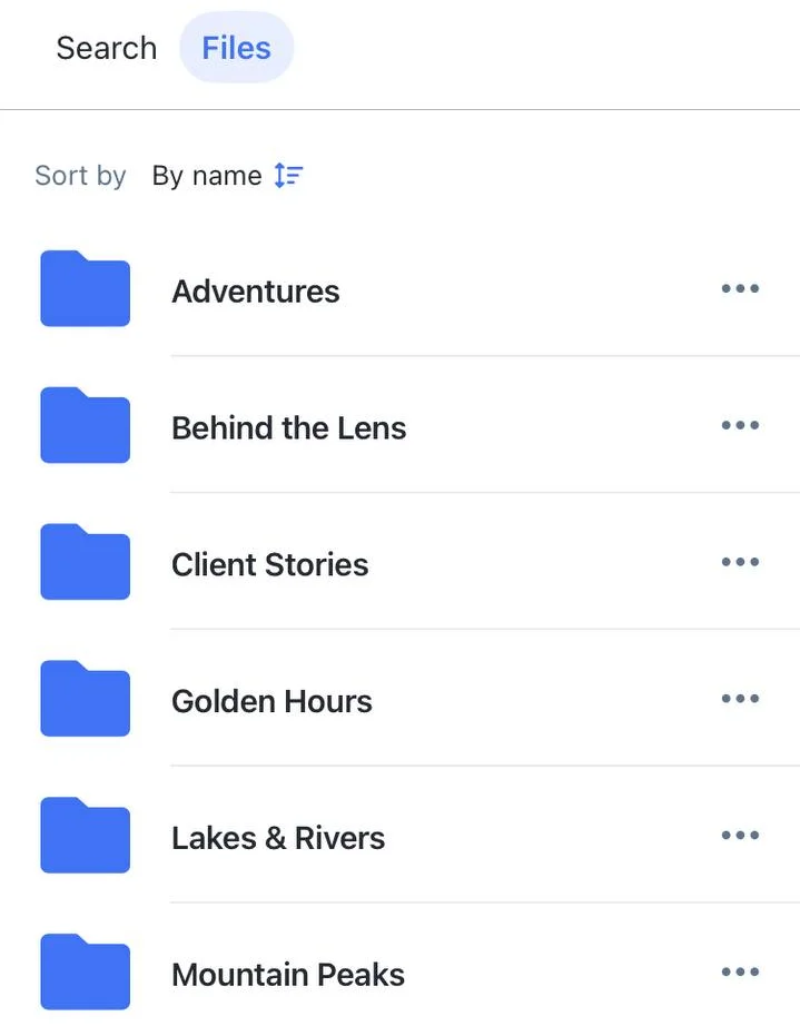 Files tab with folders sorted by name