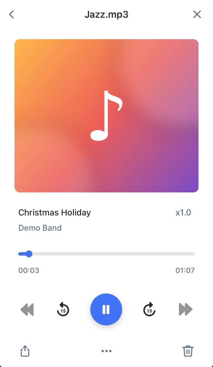 Audio player with album cover, track name and artist