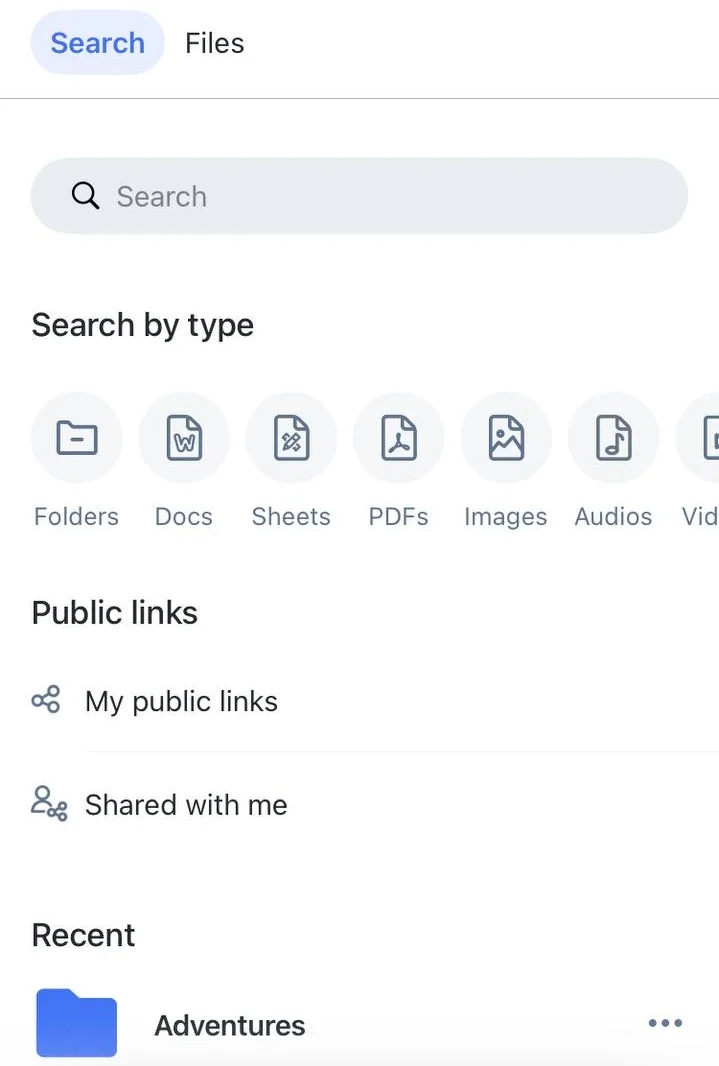 Files search with type filters, public links and recent files
