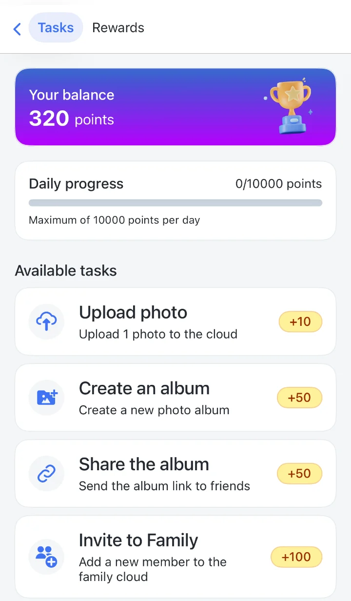 Tasks screen with points balance, daily progress and available tasks
