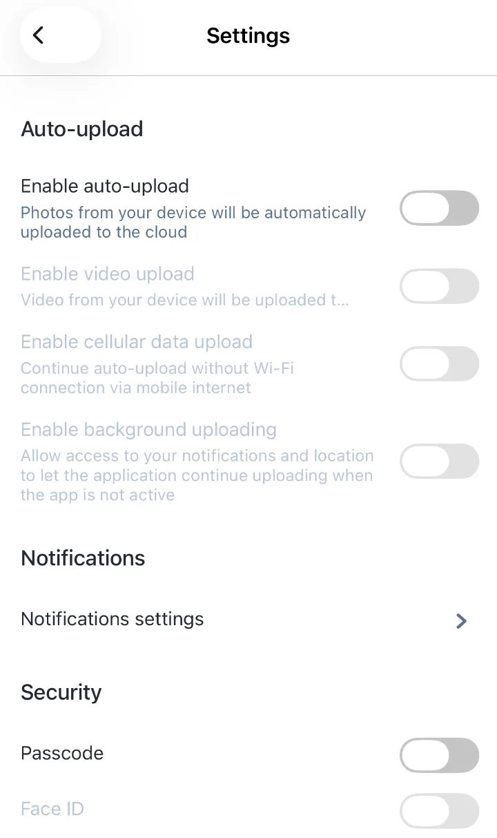 Settings with auto-upload, notifications and security: passcode and Face ID